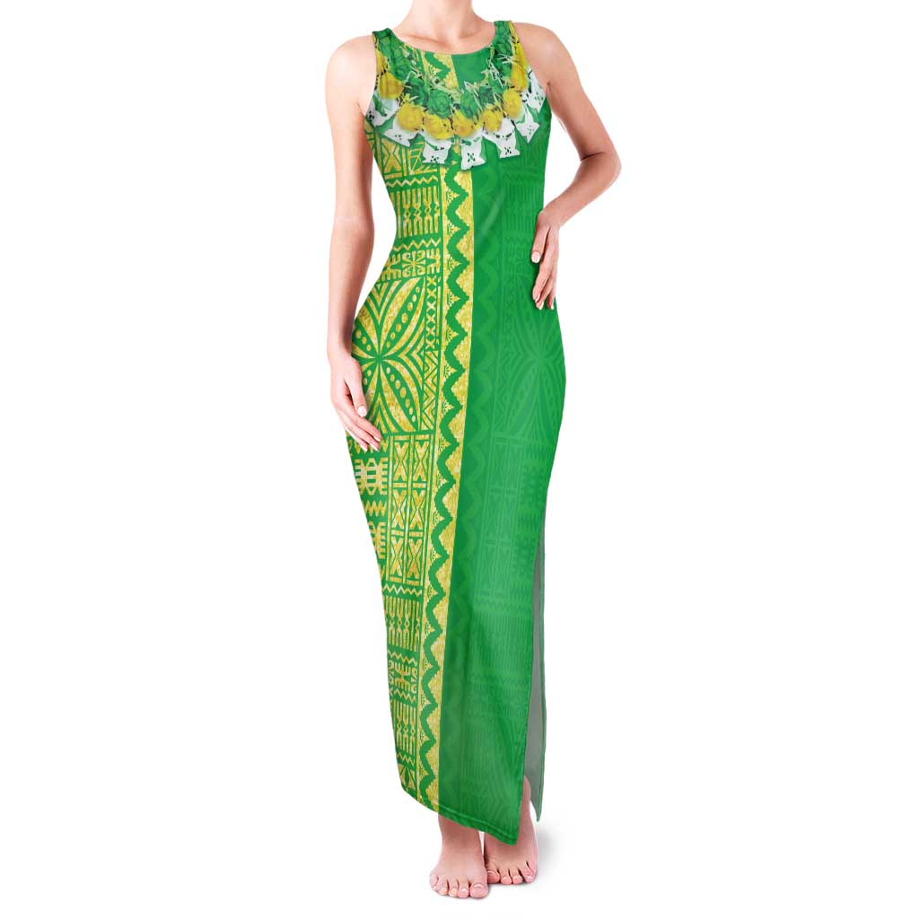 Fiji Lovoni Family Matching Tank Maxi Dress and Hawaiian Shirt Fijian Tapa Salusalu Green Glitter LT05 Mom's Dress Green - Polynesian Pride