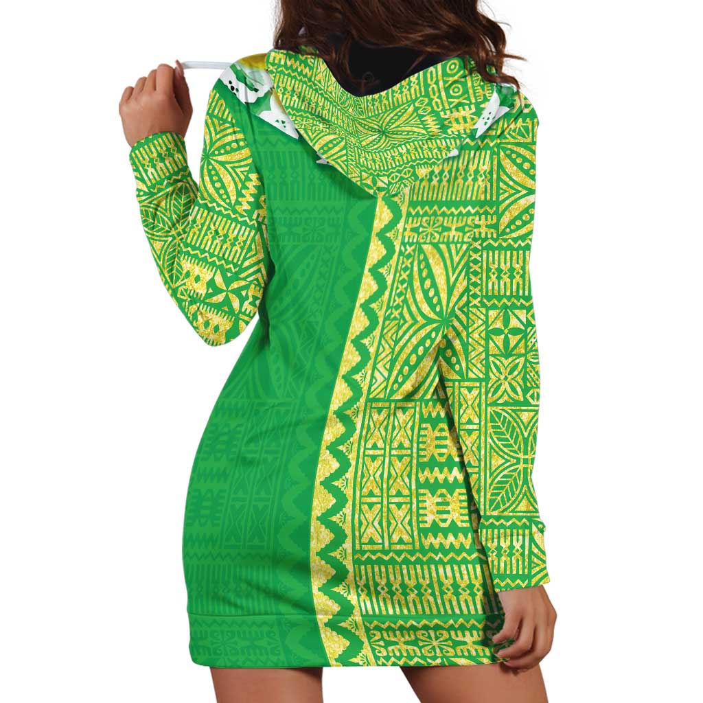 Fiji Lovoni Hoodie Dress Fijian Tapa Salusalu Green Glitter LT05 - Polynesian Pride