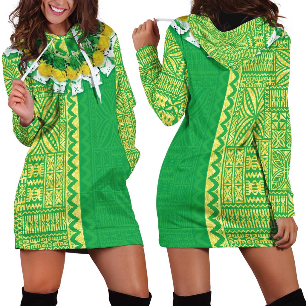 Fiji Lovoni Hoodie Dress Fijian Tapa Salusalu Green Glitter LT05 - Polynesian Pride