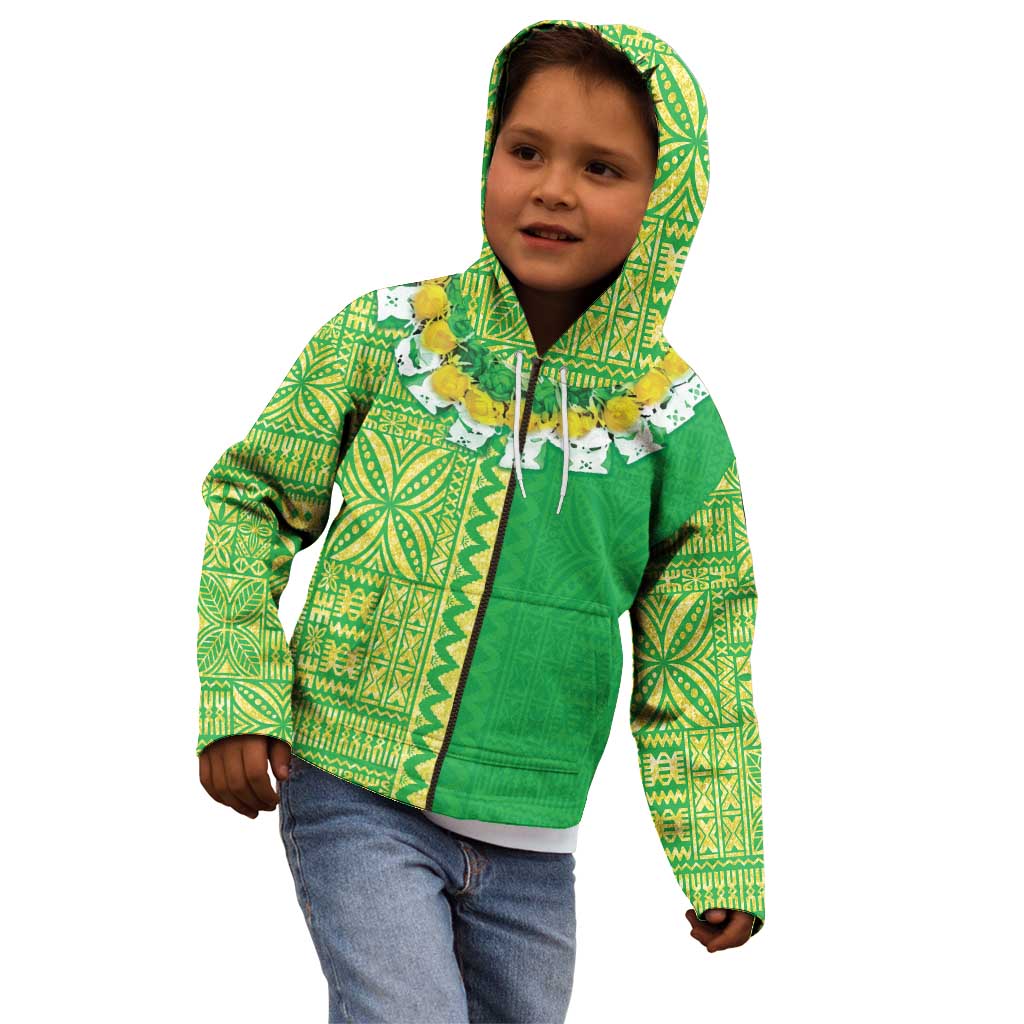 Fiji Lovoni Kid Hoodie Fijian Tapa Salusalu Green Glitter LT05 - Polynesian Pride