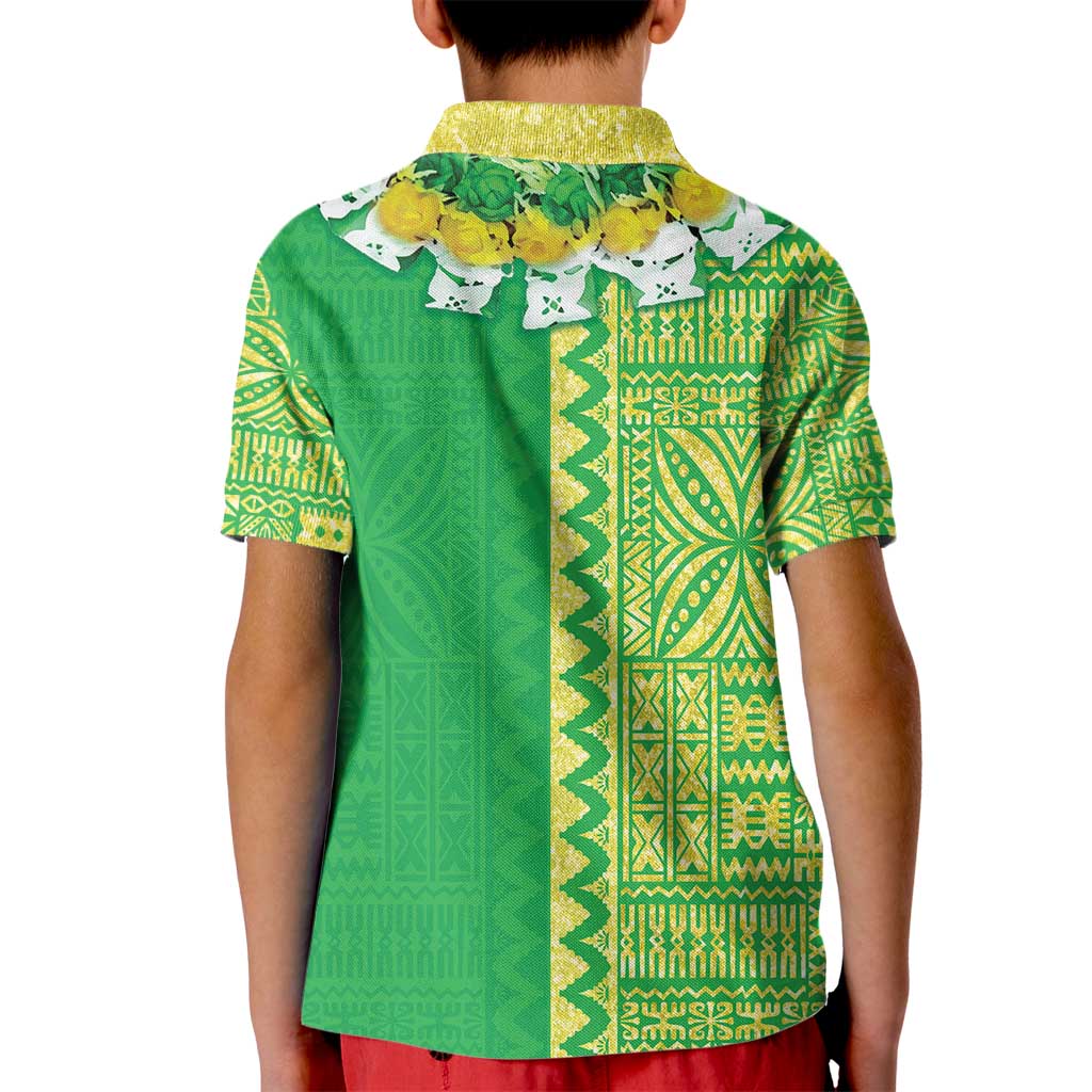 Fiji Lovoni Kid Polo Shirt Fijian Tapa Salusalu Green Glitter LT05 - Polynesian Pride