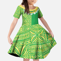 Fiji Lovoni Kid Short Sleeve Dress Fijian Tapa Salusalu Green Glitter LT05 KID Green - Polynesian Pride