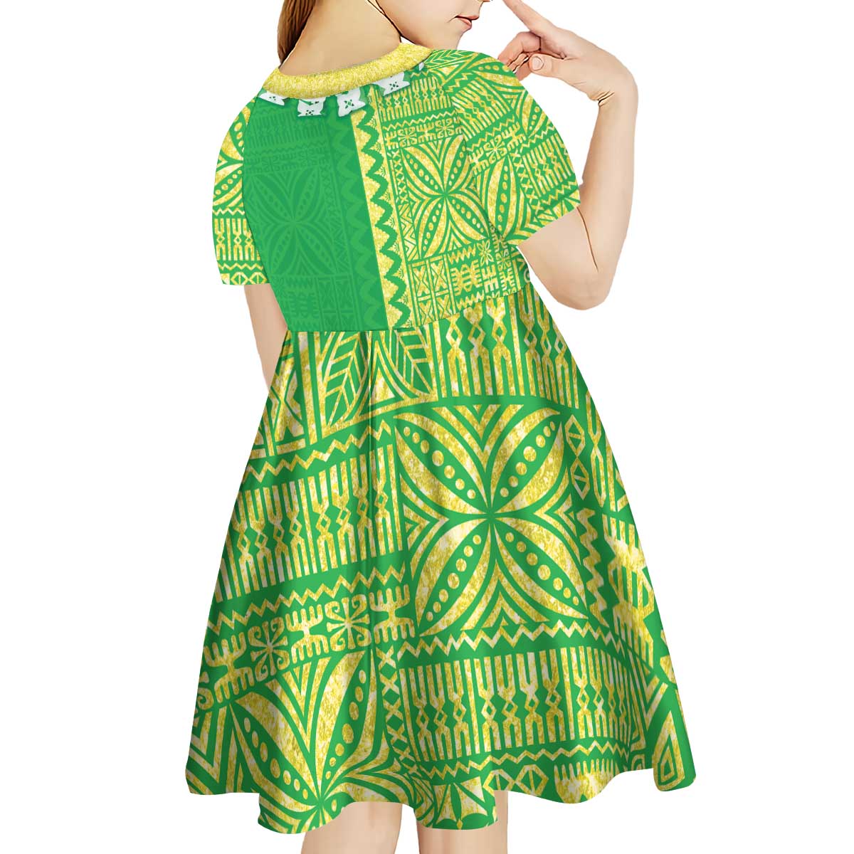 Fiji Lovoni Kid Short Sleeve Dress Fijian Tapa Salusalu Green Glitter LT05 - Polynesian Pride