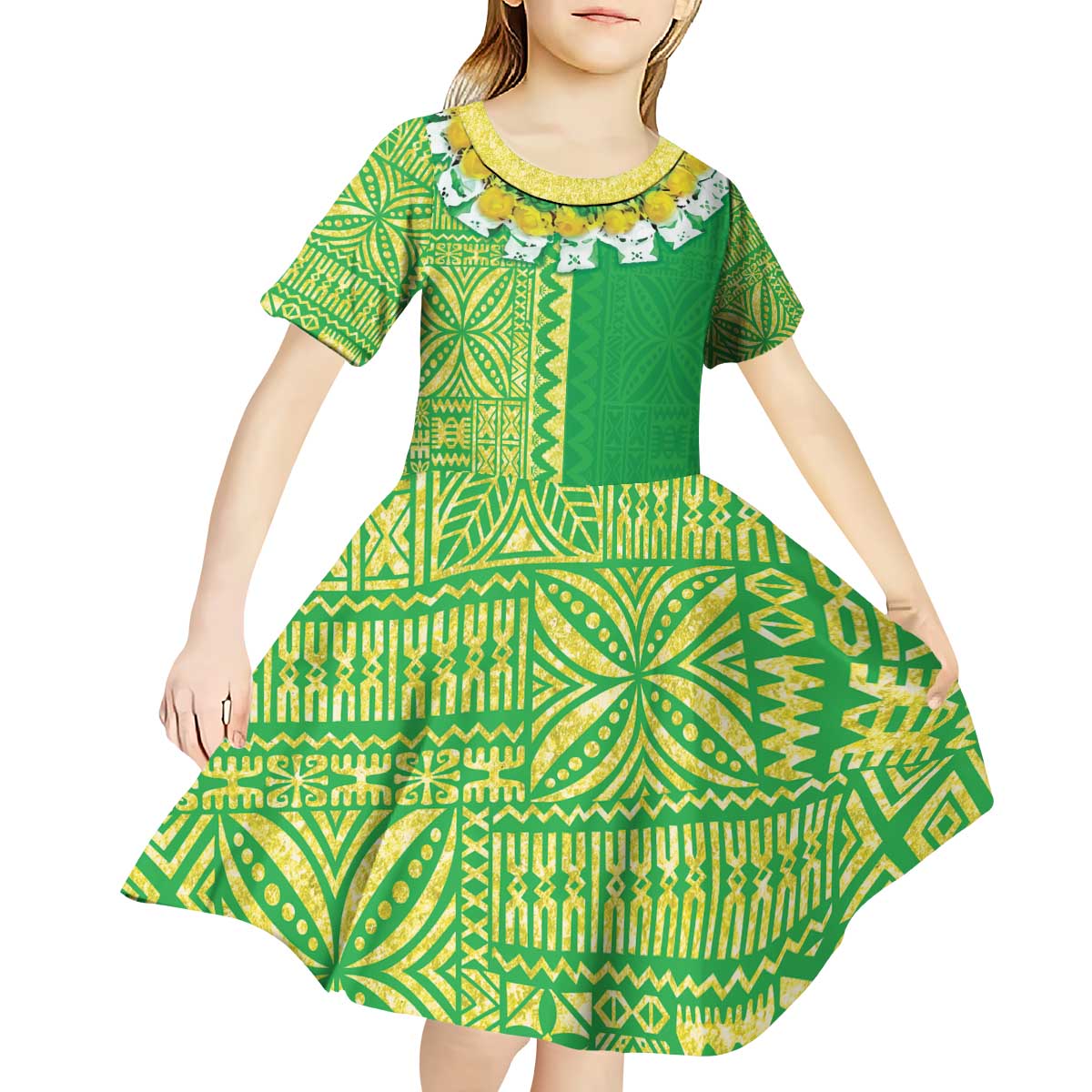Fiji Lovoni Kid Short Sleeve Dress Fijian Tapa Salusalu Green Glitter LT05 - Polynesian Pride
