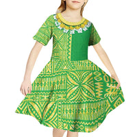 Fiji Lovoni Kid Short Sleeve Dress Fijian Tapa Salusalu Green Glitter LT05 - Polynesian Pride