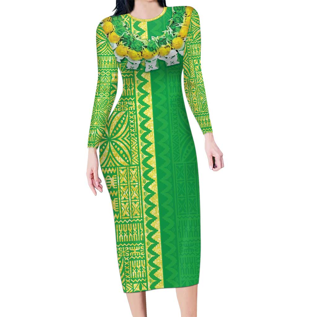 Fiji Lovoni Long Sleeve Bodycon Dress Fijian Tapa Salusalu Green Glitter LT05 Long Dress Green - Polynesian Pride