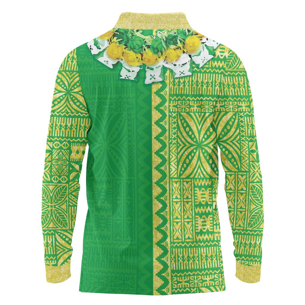 Fiji Lovoni Long Sleeve Polo Shirt Fijian Tapa Salusalu Green Glitter LT05 - Polynesian Pride