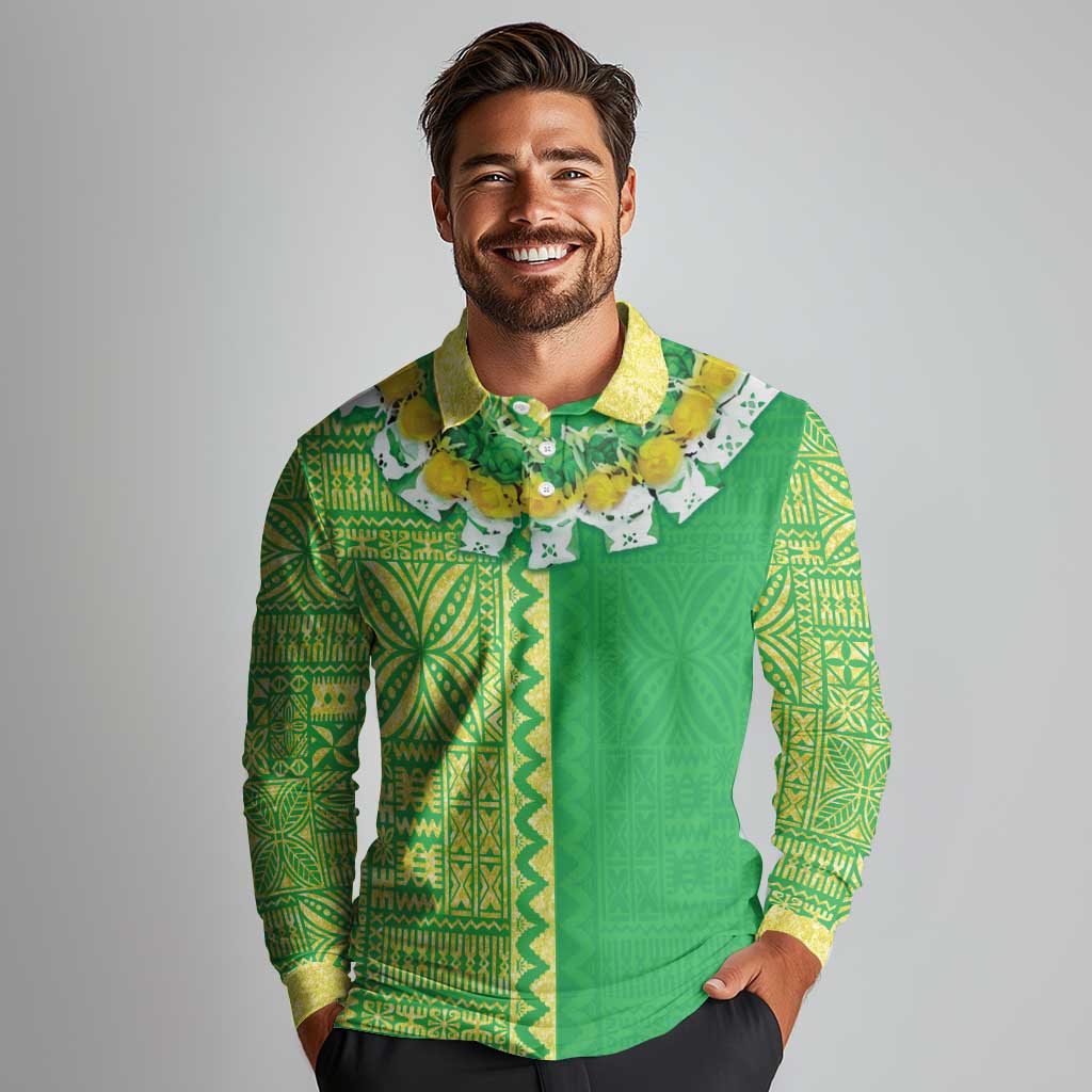 Fiji Lovoni Long Sleeve Polo Shirt Fijian Tapa Salusalu Green Glitter LT05 - Polynesian Pride