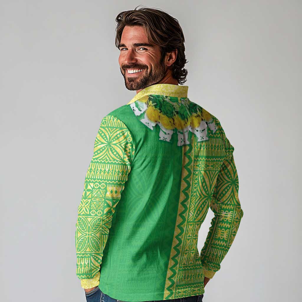 Fiji Lovoni Long Sleeve Polo Shirt Fijian Tapa Salusalu Green Glitter LT05 - Polynesian Pride