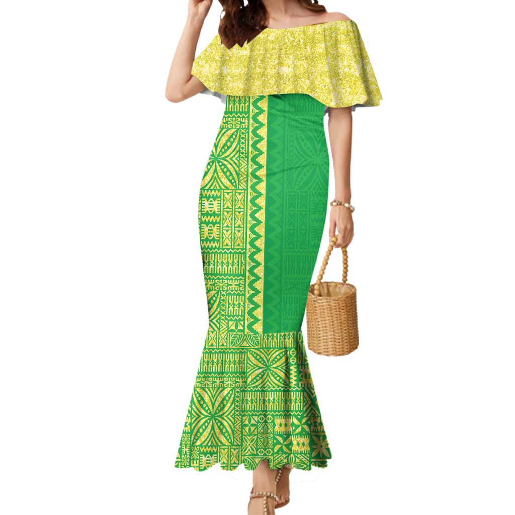 Fiji Lovoni Mermaid Dress Fijian Tapa Salusalu Green Glitter LT05 Women Green - Polynesian Pride