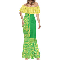 Fiji Lovoni Mermaid Dress Fijian Tapa Salusalu Green Glitter LT05 - Polynesian Pride