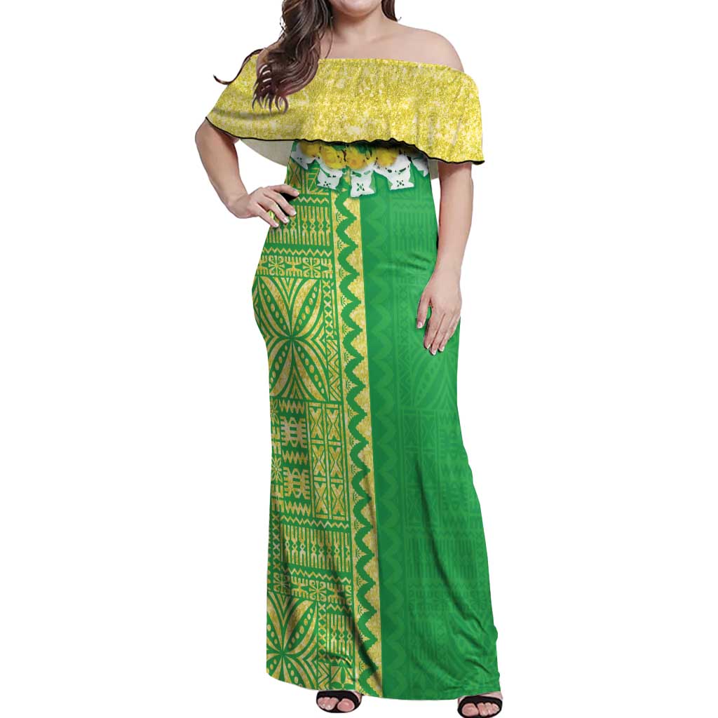 Fiji Lovoni Off Shoulder Maxi Dress Fijian Tapa Salusalu Green Glitter LT05 Women Green - Polynesian Pride