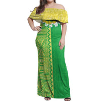 Fiji Lovoni Off Shoulder Maxi Dress Fijian Tapa Salusalu Green Glitter LT05 Women Green - Polynesian Pride