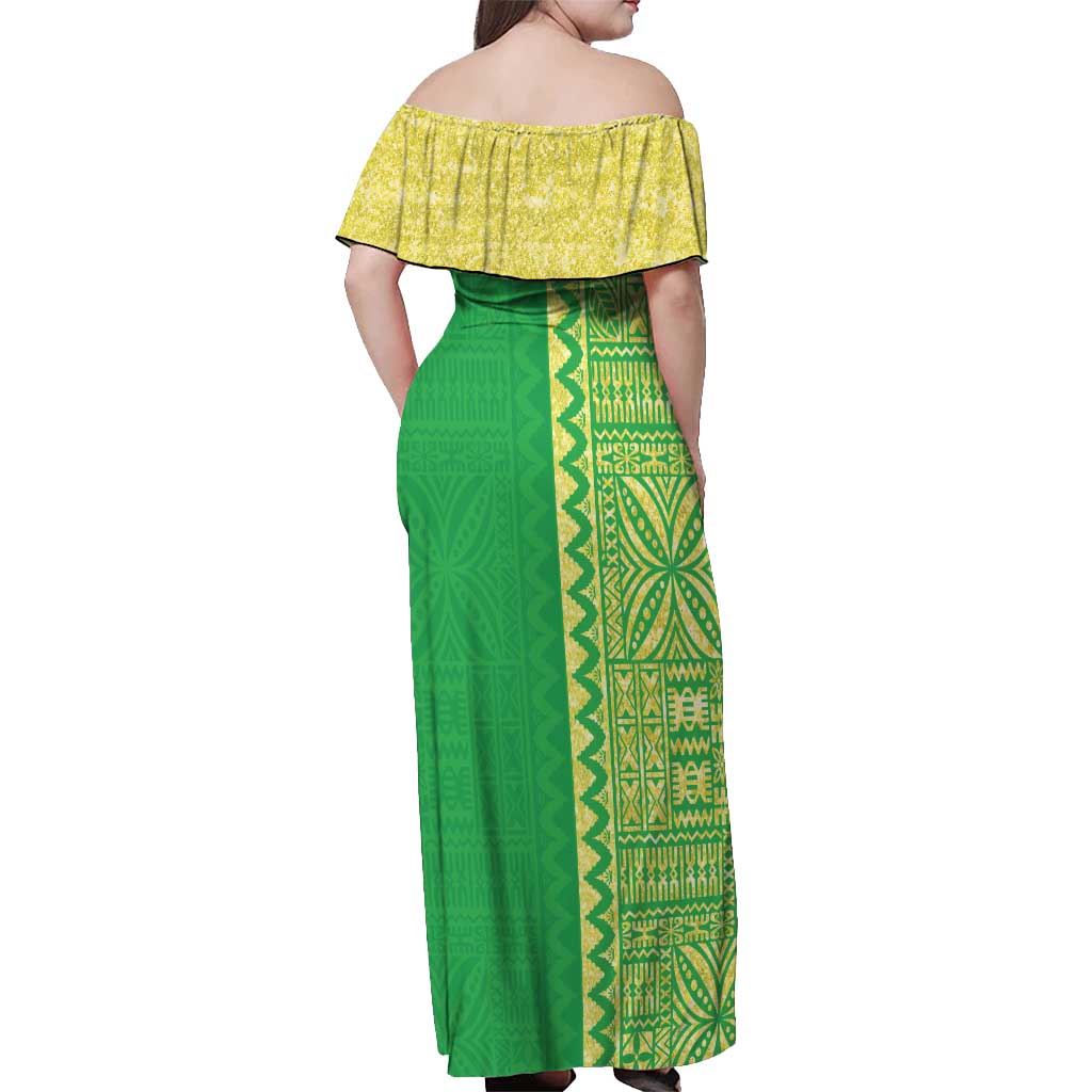 Fiji Lovoni Off Shoulder Maxi Dress Fijian Tapa Salusalu Green Glitter LT05 - Polynesian Pride