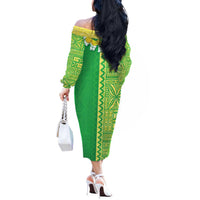 Fiji Lovoni Off The Shoulder Long Sleeve Dress Fijian Tapa Salusalu Green Glitter LT05 - Polynesian Pride