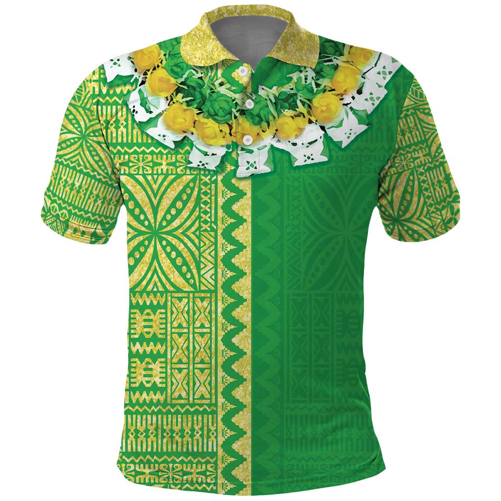 Fiji Lovoni Polo Shirt Fijian Tapa Salusalu Green Glitter LT05 Green - Polynesian Pride