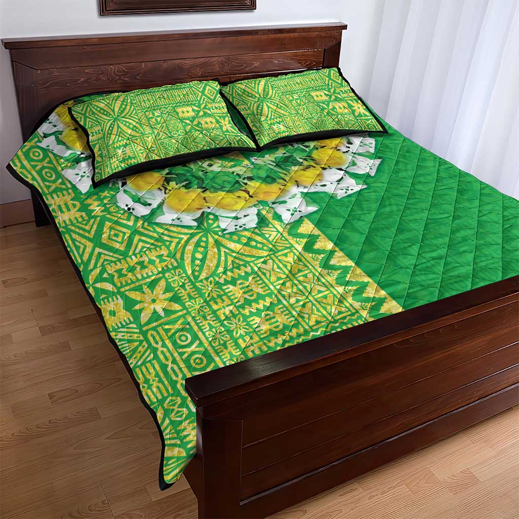 Fiji Lovoni Quilt Bed Set Fijian Tapa Salusalu Green Glitter