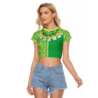 Fiji Lovoni Raglan Cropped T Shirt Fijian Tapa Salusalu Green Glitter LT05 Female Green - Polynesian Pride