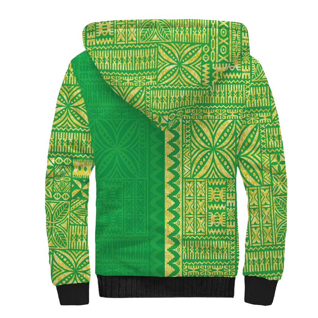 Fiji Lovoni Sherpa Hoodie Fijian Tapa Salusalu Green Glitter LT05 - Polynesian Pride