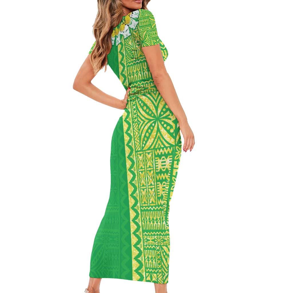 Fiji Lovoni Short Sleeve Bodycon Dress Fijian Tapa Salusalu Green Glitter LT05 - Polynesian Pride