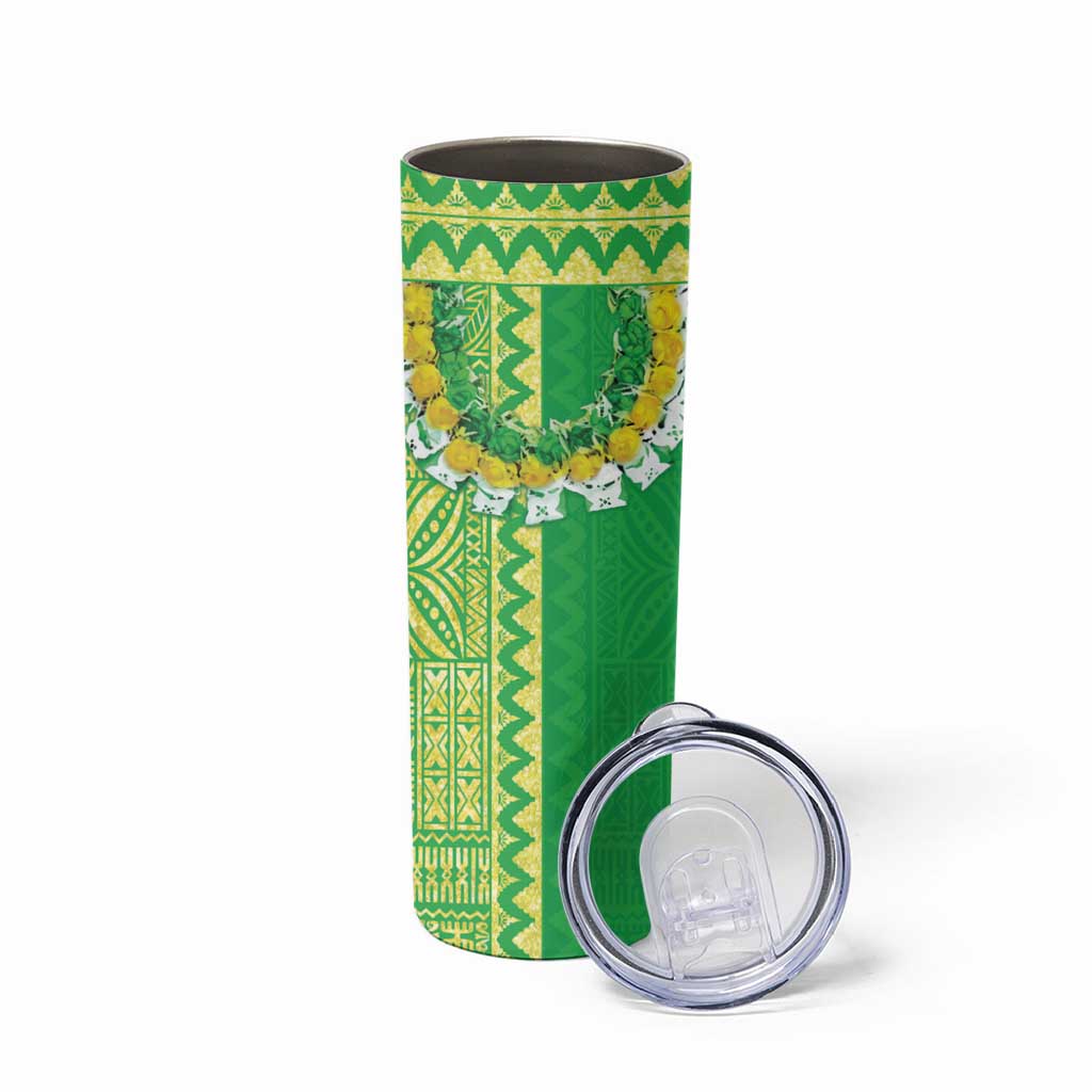 Fiji Lovoni Skinny Tumbler Fijian Tapa Salusalu Green Glitter LT05 - Polynesian Pride