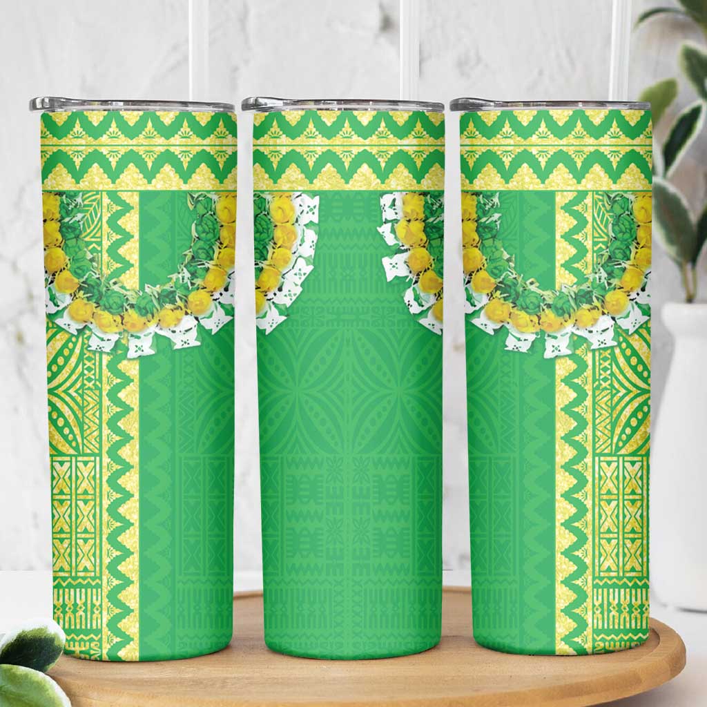 Fiji Lovoni Skinny Tumbler Fijian Tapa Salusalu Green Glitter LT05 - Polynesian Pride