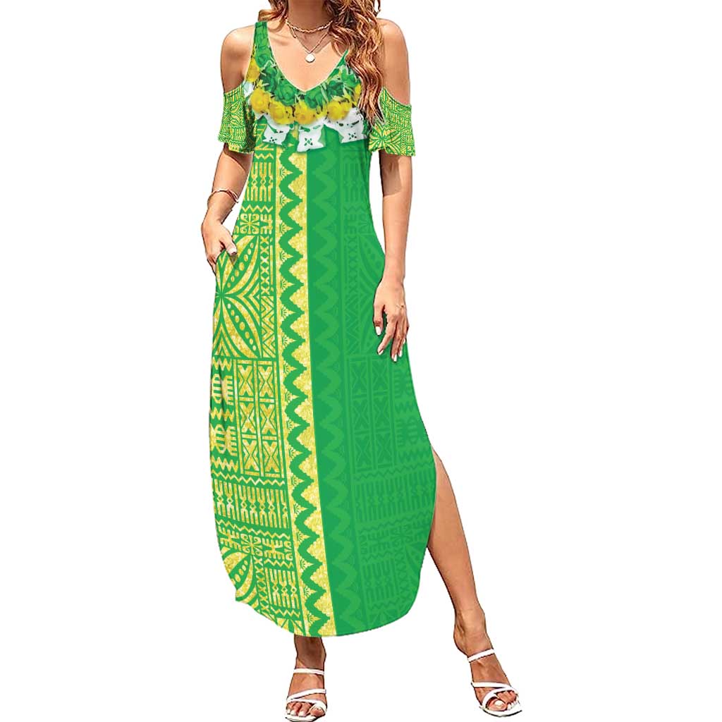 Fiji Lovoni Summer Maxi Dress Fijian Tapa Salusalu Green Glitter LT05 Women Green - Polynesian Pride