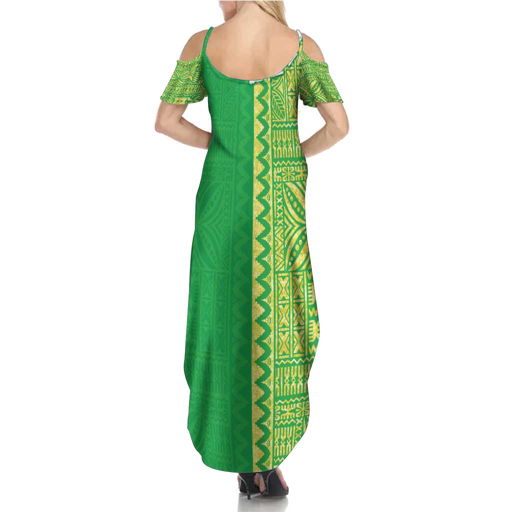 Fiji Lovoni Summer Maxi Dress Fijian Tapa Salusalu Green Glitter LT05 - Polynesian Pride