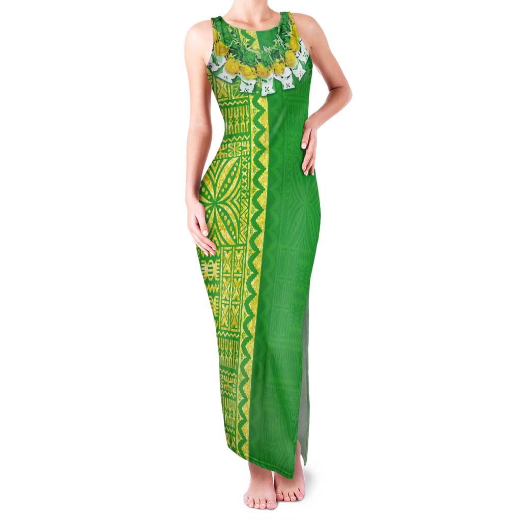 Fiji Lovoni Tank Maxi Dress Fijian Tapa Salusalu Green Glitter LT05 Women Green - Polynesian Pride