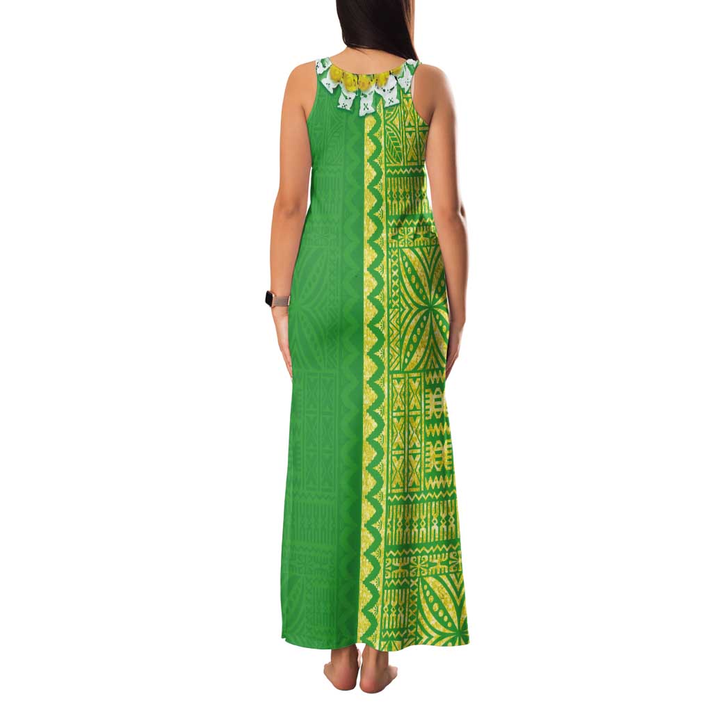 Fiji Lovoni Tank Maxi Dress Fijian Tapa Salusalu Green Glitter LT05 - Polynesian Pride