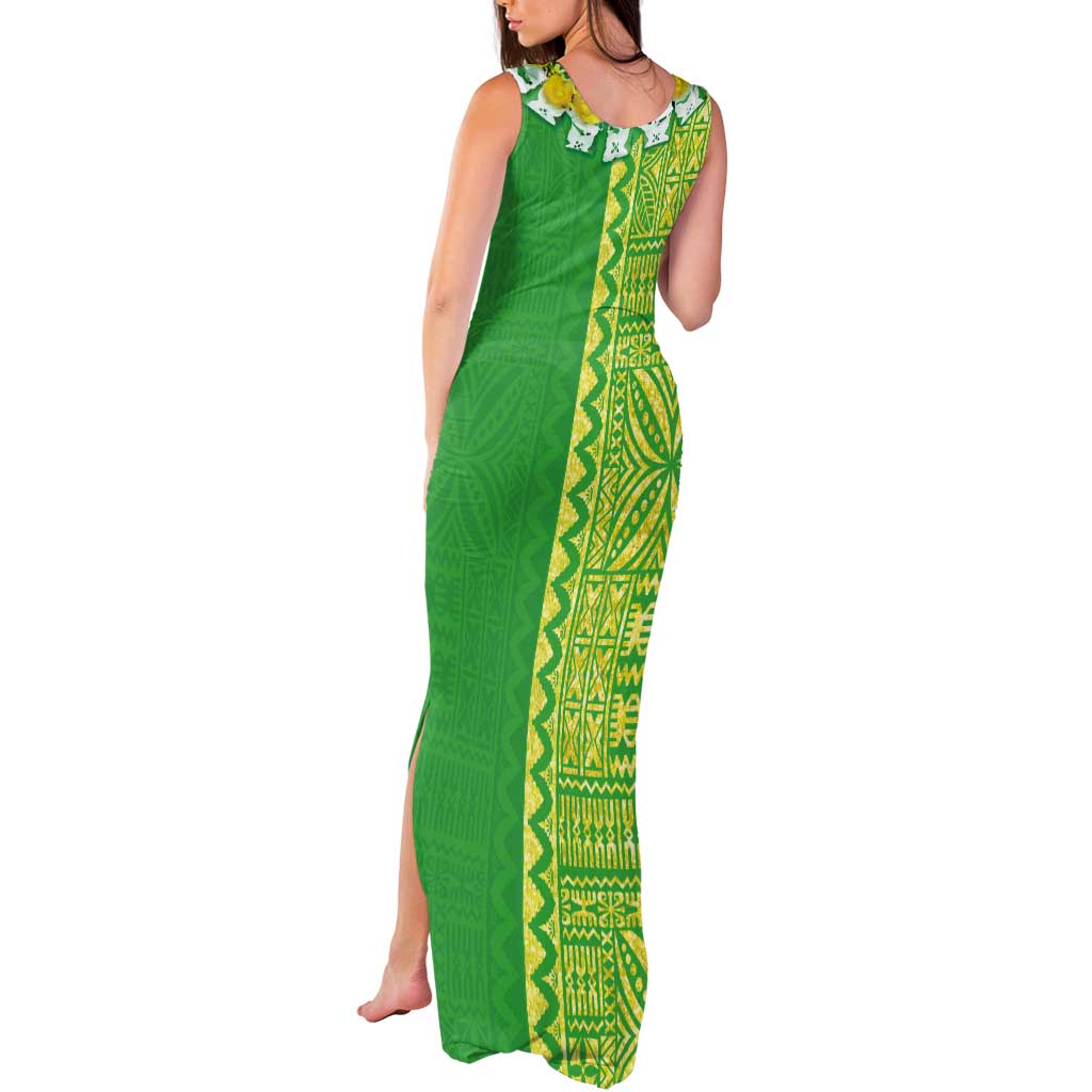 Fiji Lovoni Tank Maxi Dress Fijian Tapa Salusalu Green Glitter LT05 - Polynesian Pride