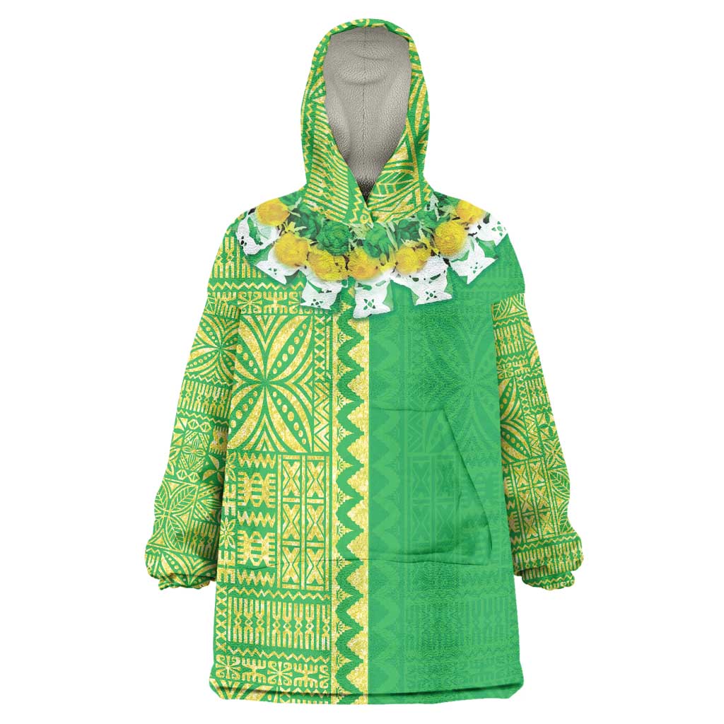 Fiji Lovoni Wearable Blanket Hoodie Fijian Tapa Salusalu Green Glitter LT05 One Size Green - Polynesian Pride