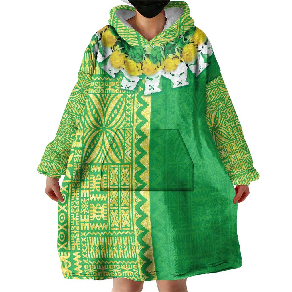 Fiji Lovoni Wearable Blanket Hoodie Fijian Tapa Salusalu Green Glitter LT05 - Polynesian Pride