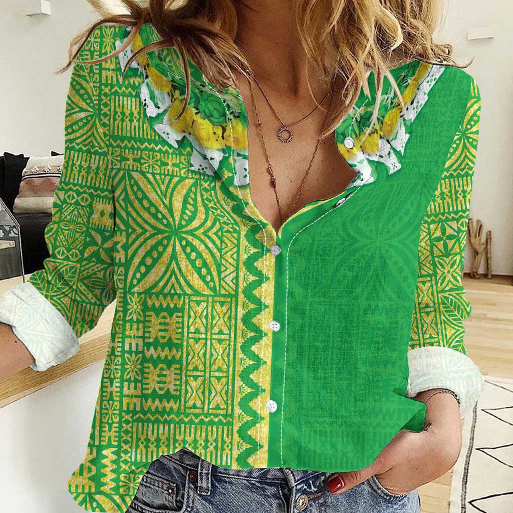 Fiji Lovoni Women Casual Shirt Fijian Tapa Salusalu Green Glitter LT05 Female Green - Polynesian Pride