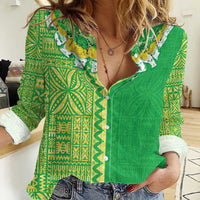 Fiji Lovoni Women Casual Shirt Fijian Tapa Salusalu Green Glitter LT05 Female Green - Polynesian Pride