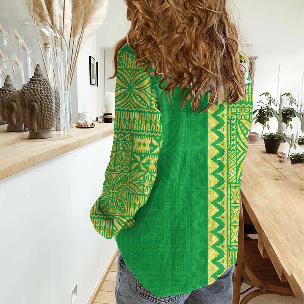 Fiji Lovoni Women Casual Shirt Fijian Tapa Salusalu Green Glitter LT05 - Polynesian Pride