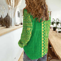 Fiji Lovoni Women Casual Shirt Fijian Tapa Salusalu Green Glitter LT05 - Polynesian Pride