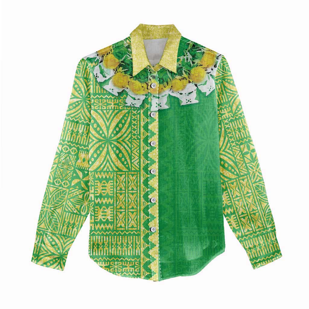 Fiji Lovoni Women Casual Shirt Fijian Tapa Salusalu Green Glitter LT05 - Polynesian Pride