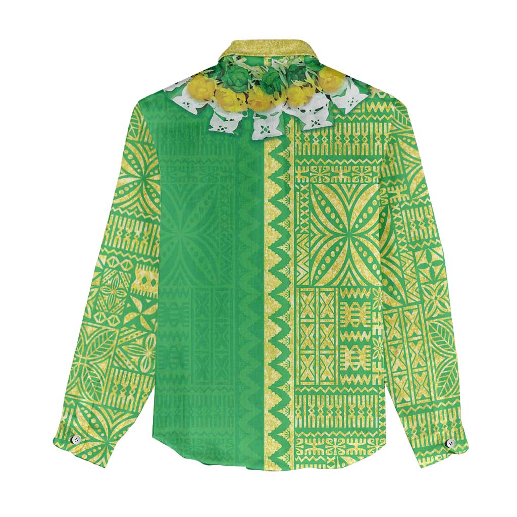 Fiji Lovoni Women Casual Shirt Fijian Tapa Salusalu Green Glitter LT05 - Polynesian Pride