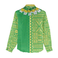 Fiji Lovoni Women Casual Shirt Fijian Tapa Salusalu Green Glitter LT05 - Polynesian Pride