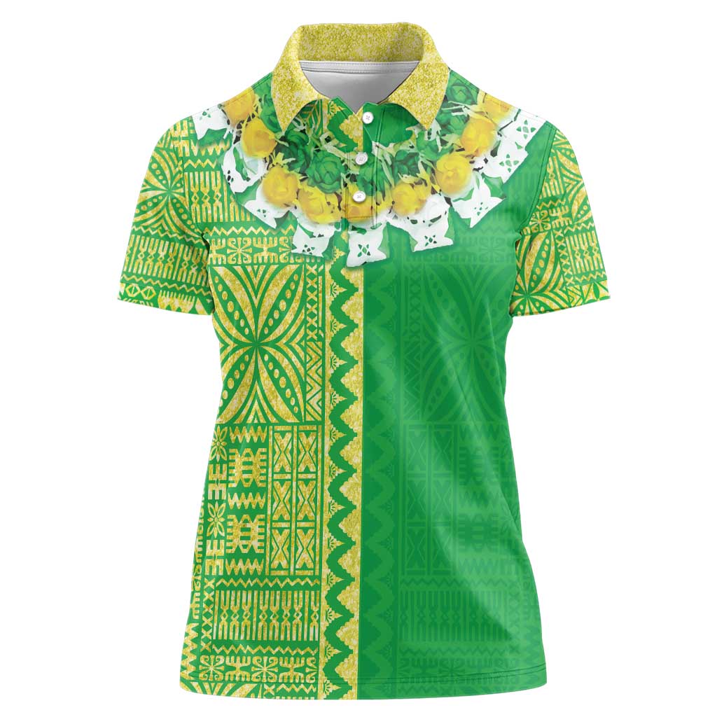 Fiji Lovoni Women Polo Shirt Fijian Tapa Salusalu Green Glitter LT05 Female Green - Polynesian Pride