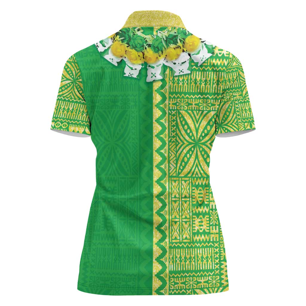 Fiji Lovoni Women Polo Shirt Fijian Tapa Salusalu Green Glitter LT05 - Polynesian Pride