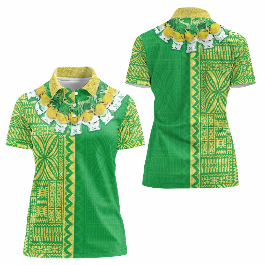 Fiji Lovoni Women Polo Shirt Fijian Tapa Salusalu Green Glitter LT05 - Polynesian Pride