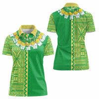 Fiji Lovoni Women Polo Shirt Fijian Tapa Salusalu Green Glitter LT05 - Polynesian Pride