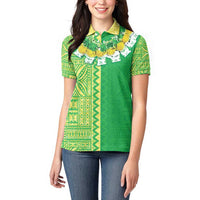 Fiji Lovoni Women Polo Shirt Fijian Tapa Salusalu Green Glitter LT05 - Polynesian Pride