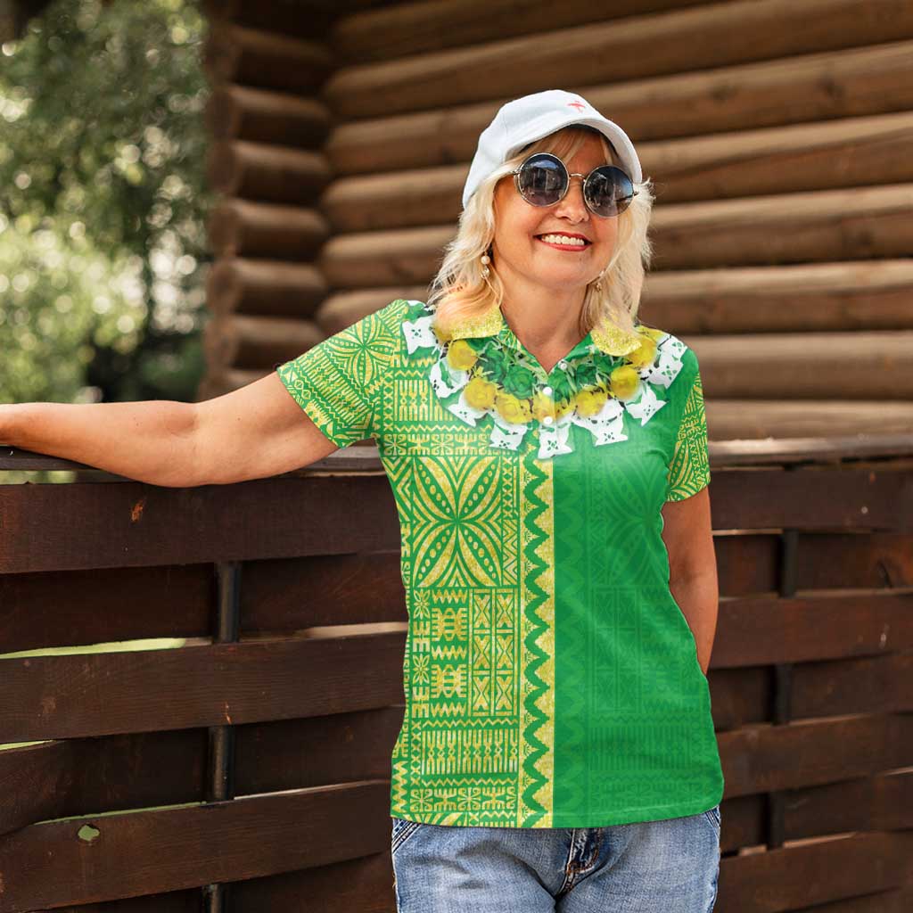 Fiji Lovoni Women Polo Shirt Fijian Tapa Salusalu Green Glitter LT05 - Polynesian Pride