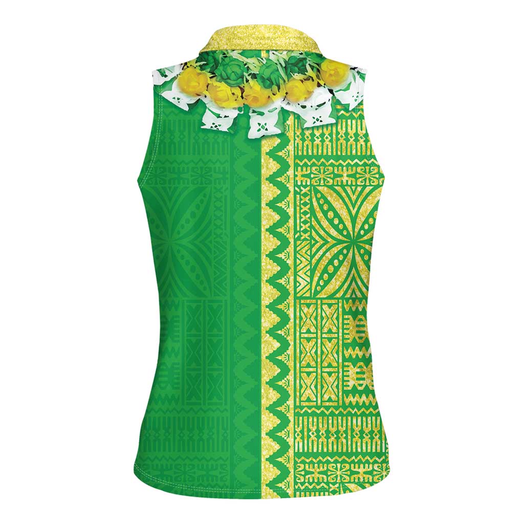 Fiji Lovoni Women Sleeveless Polo Shirt Fijian Tapa Salusalu Green Glitter LT05 - Polynesian Pride