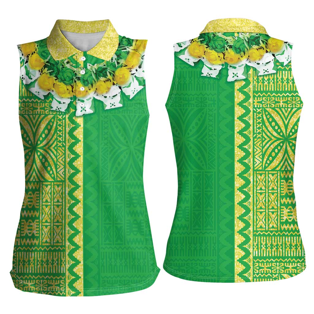 Fiji Lovoni Women Sleeveless Polo Shirt Fijian Tapa Salusalu Green Glitter LT05 - Polynesian Pride