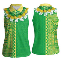 Fiji Lovoni Women Sleeveless Polo Shirt Fijian Tapa Salusalu Green Glitter LT05 - Polynesian Pride