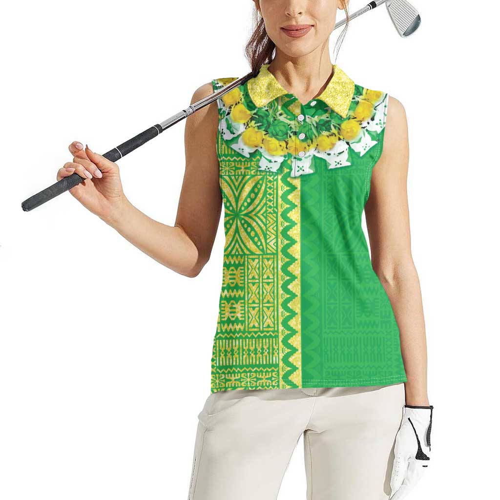 Fiji Lovoni Women Sleeveless Polo Shirt Fijian Tapa Salusalu Green Glitter LT05 - Polynesian Pride